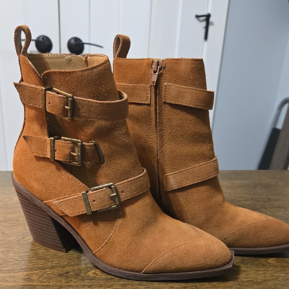 Crown Vintage Buckle Strap Ankle Booties - Brown Suede